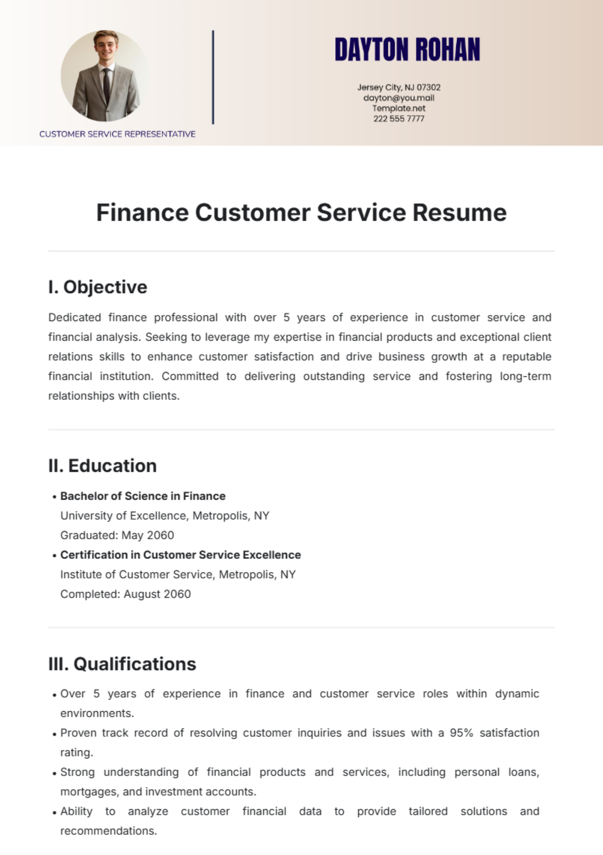 Finance Customer Service Resume Template - Edit Online & Download