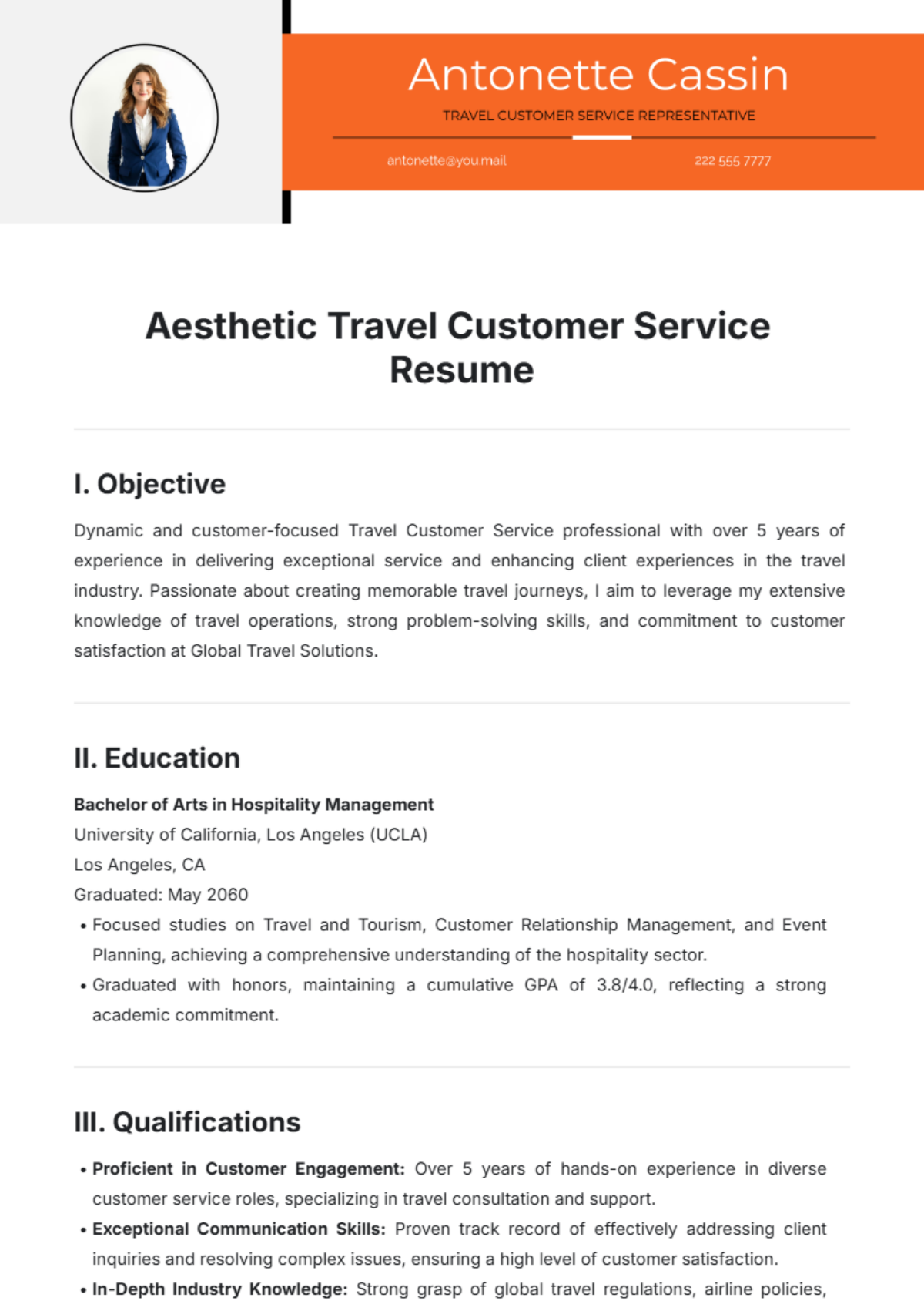 Aesthetic Travel Customer Service Resume Template - Edit Online & Download