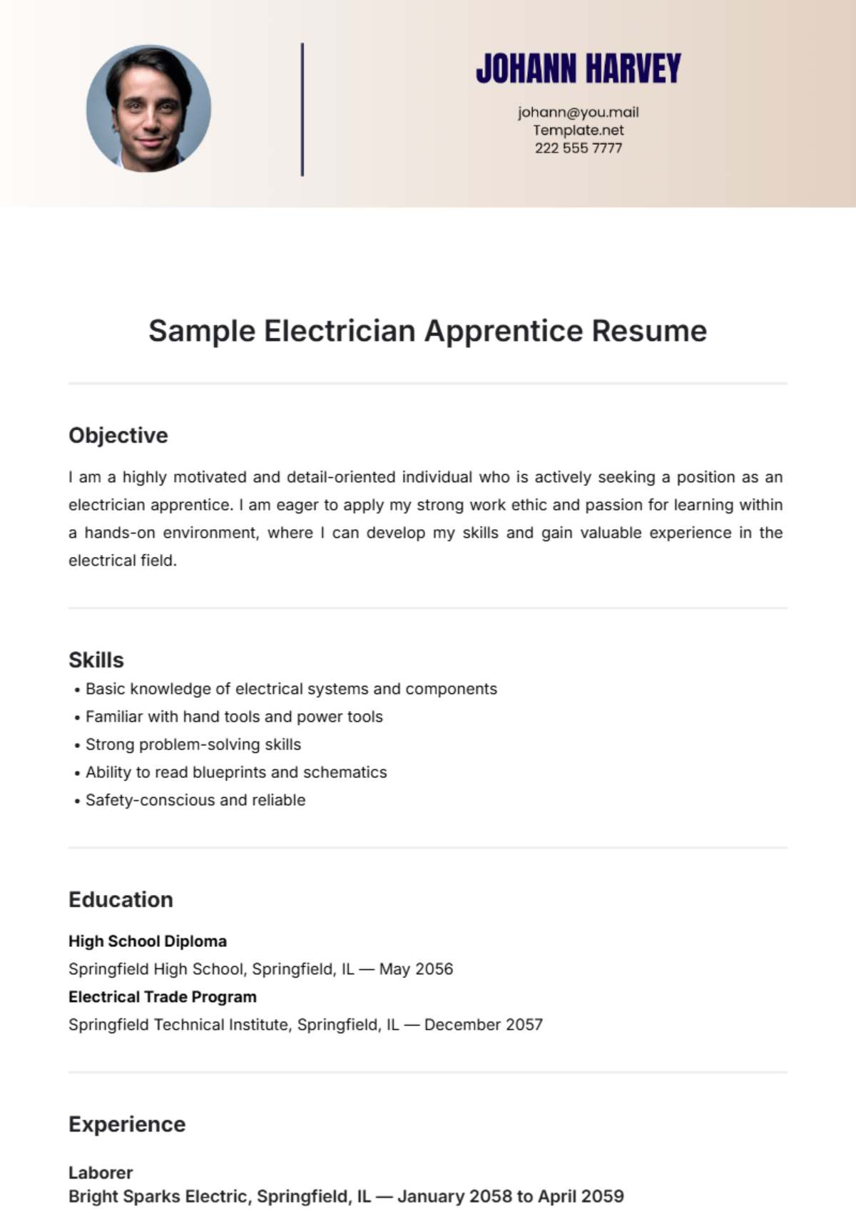 Sample Electrician Apprentice Resume Template - Edit Online & Download