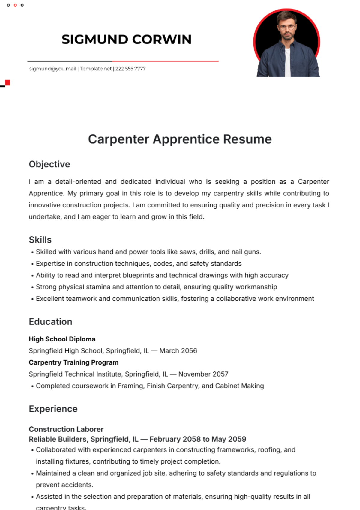 Carpenter Apprentice Resume Template - Edit Online & Download