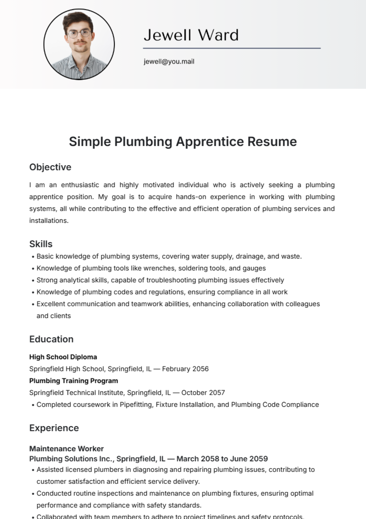 Simple Plumbing Apprentice Resume Template - Edit Online & Download