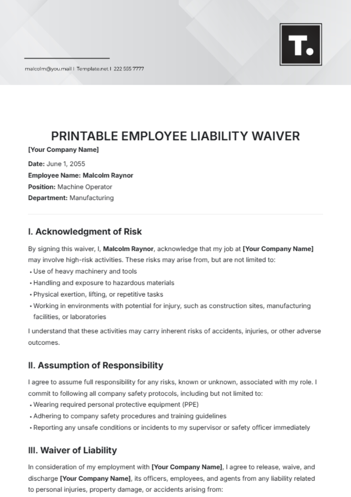 Printable Employee Liability Waiver Template - Edit Online & Download