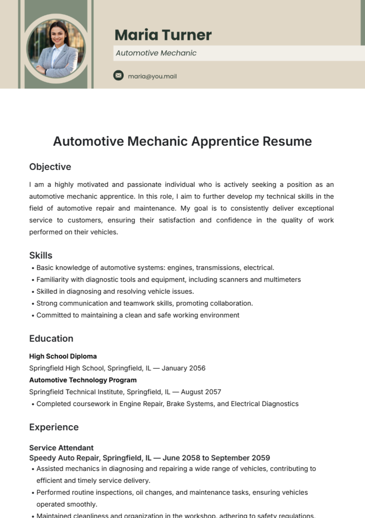 Automotive Mechanic Apprentice Resume Template - Edit Online & Download