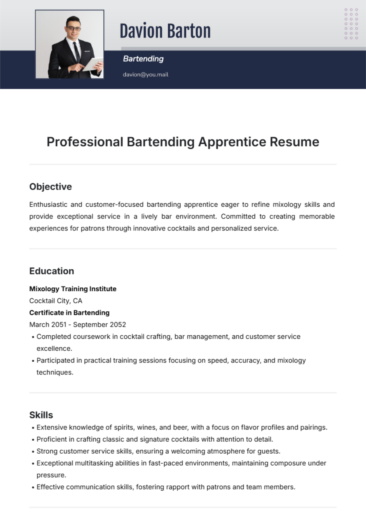 Professional Bartending Apprentice Resume Template - Edit Online & Download