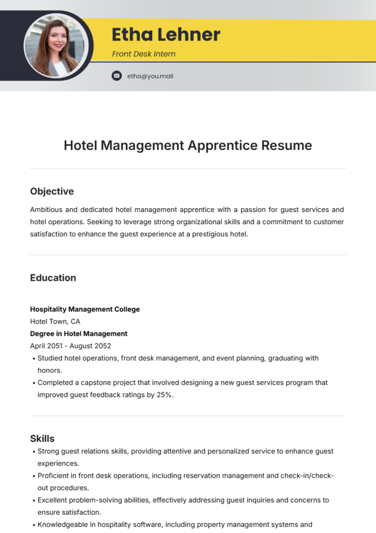 Hotel Management Apprentice Resume Template - Edit Online & Download