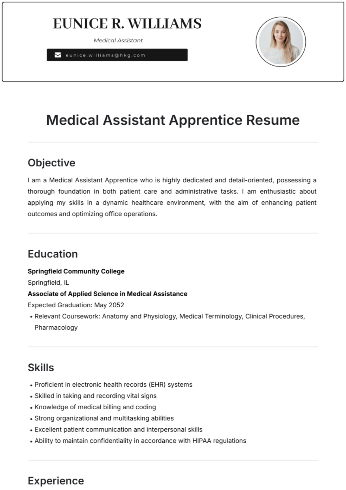 Medical Assistant Apprentice Resume Template - Edit Online & Download