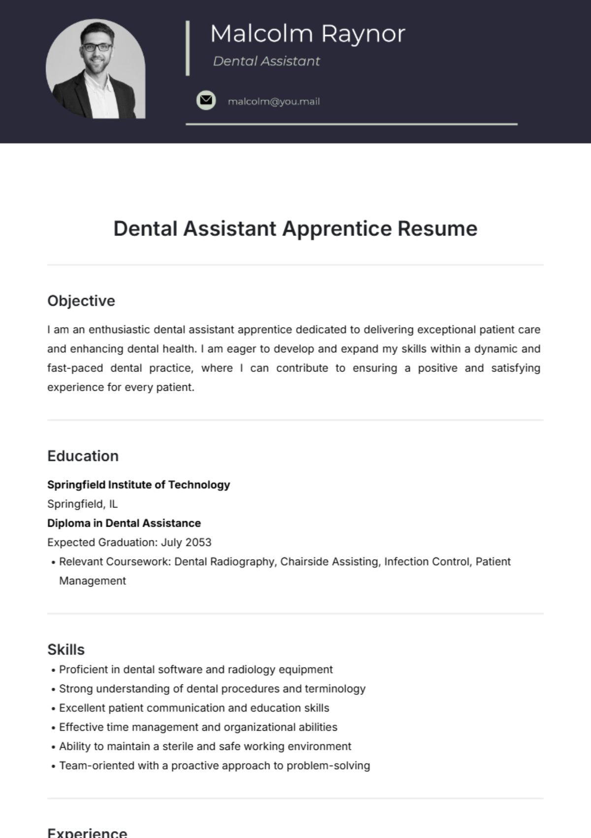 Dental Assistant Apprentice Resume Template - Edit Online & Download