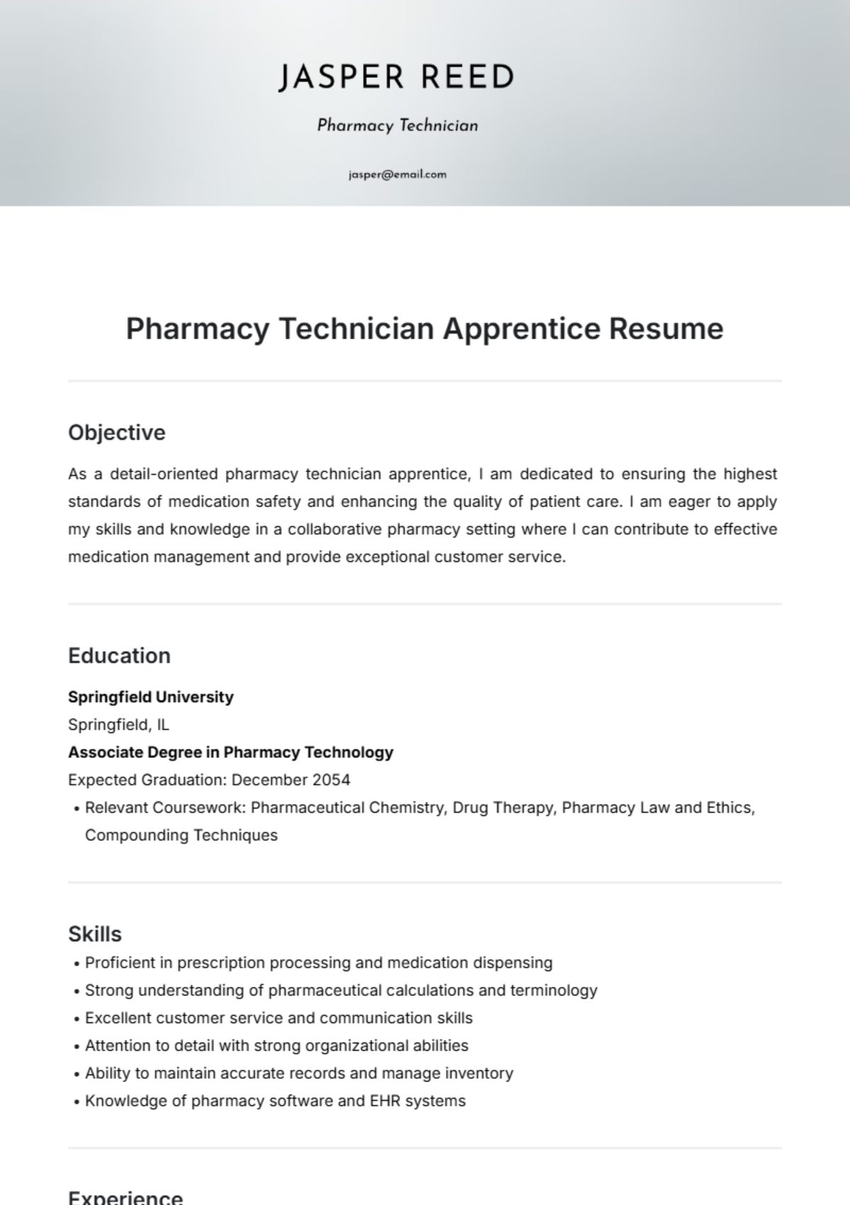 Pharmacy Technician Apprentice Resume Template - Edit Online & Download