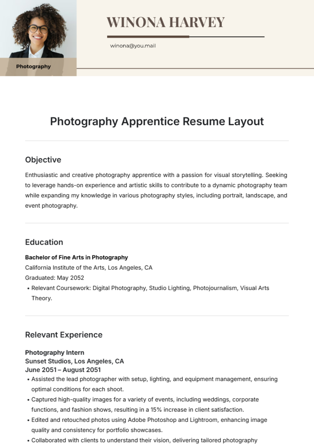 Photography Apprentice Resume Layout Template - Edit Online & Download