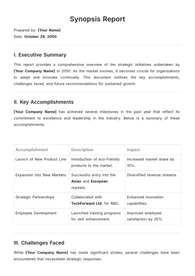 Free Synopsis Report Template to Edit Online