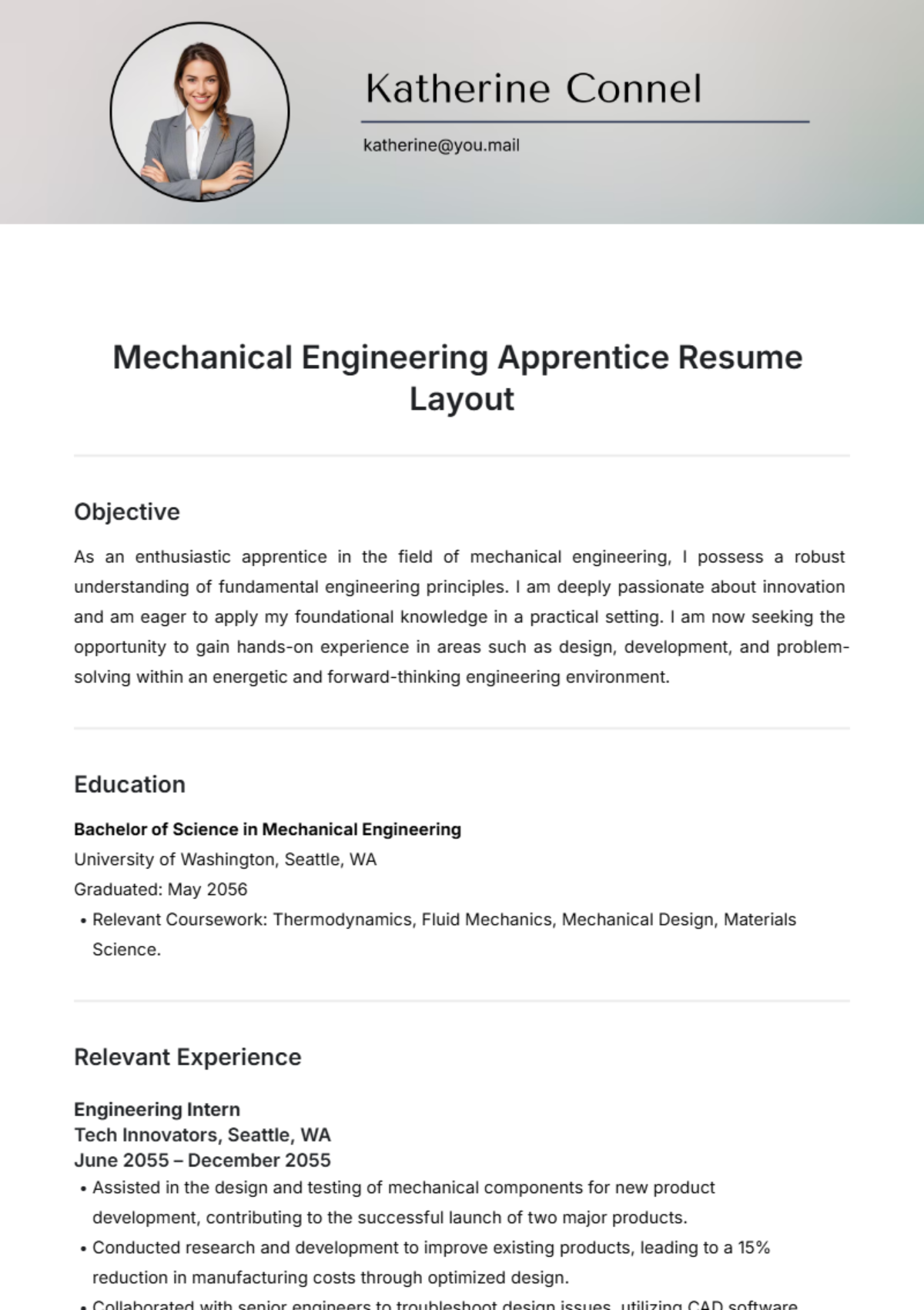 Mechanical Engineering Apprentice Resume Template - Edit Online & Download