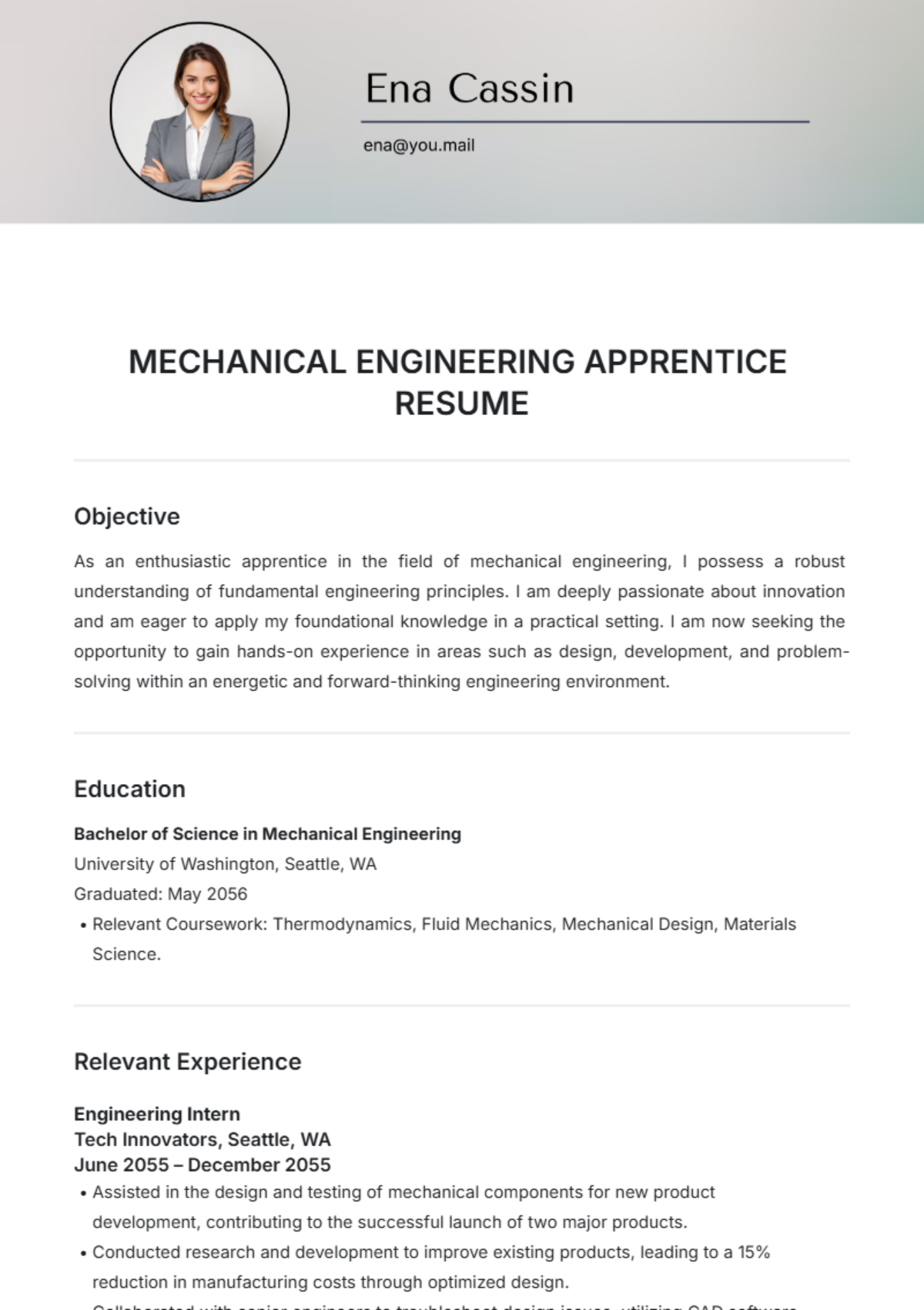 Free Mechanical Engineering Apprentice Resume Template To Edit Online