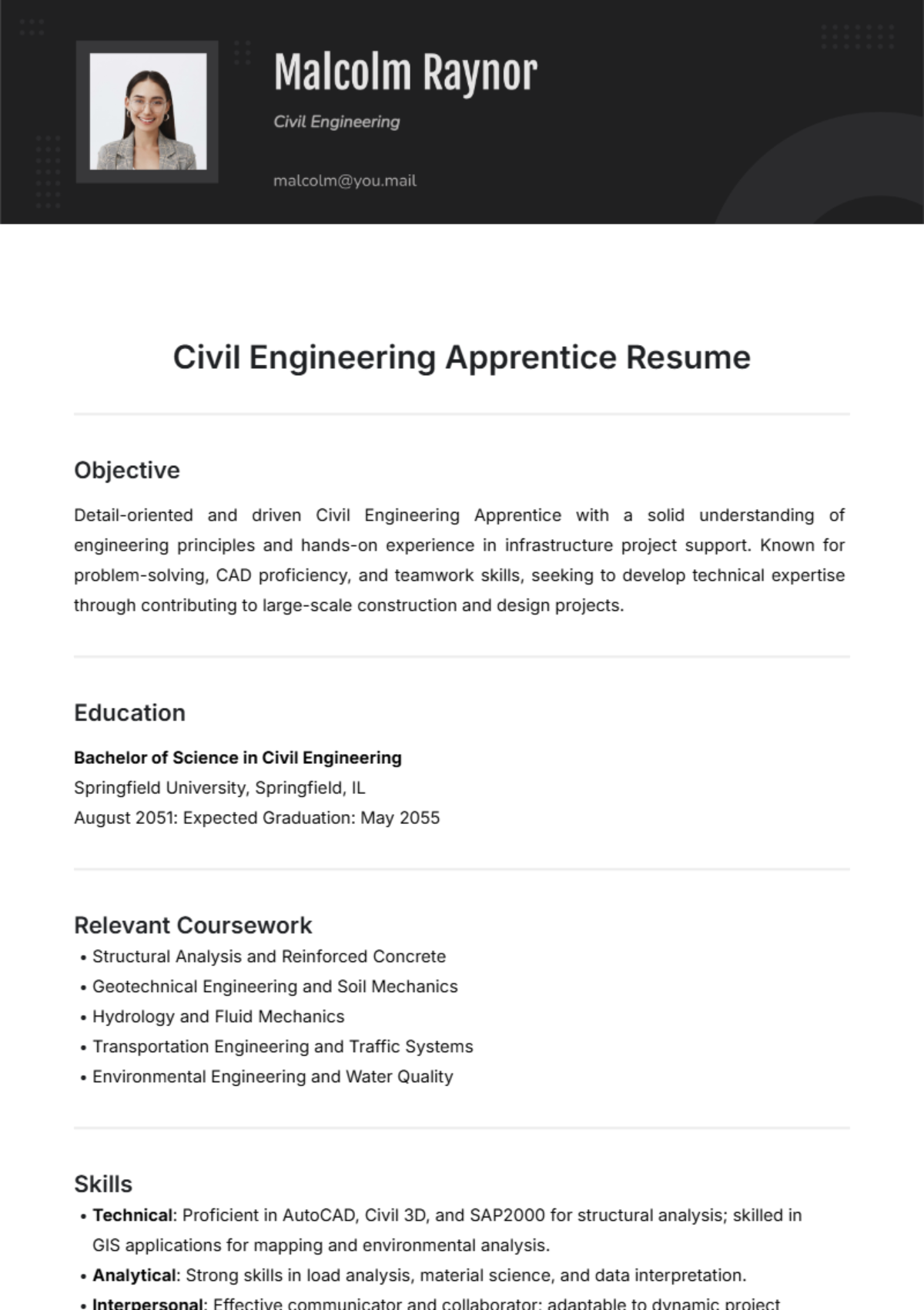 Civil Engineering Apprentice Resume Template - Edit Online & Download