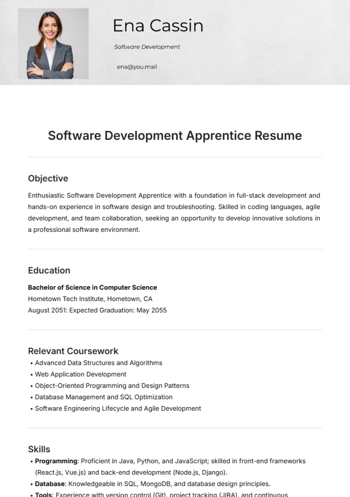 Software Development Apprentice Resume Template - Edit Online & Download