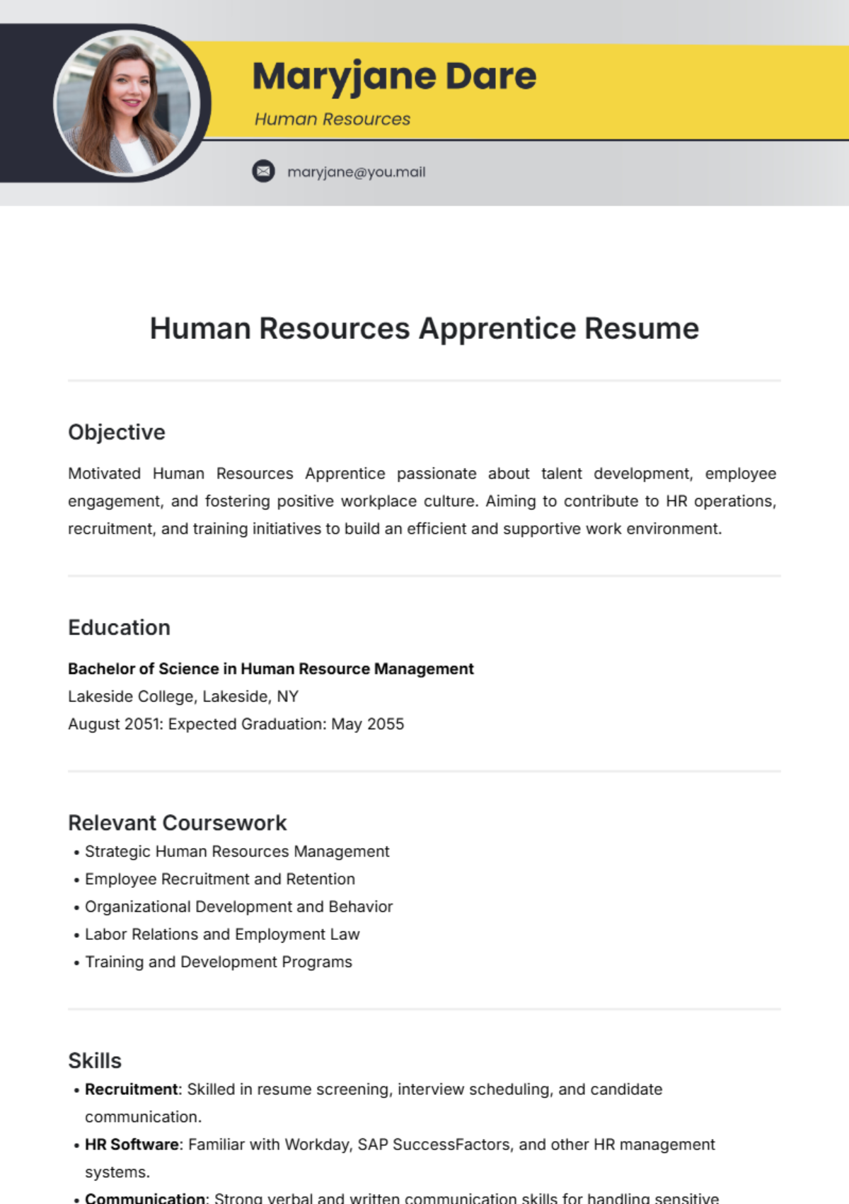 Human Resources Apprentice Resume Template - Edit Online & Download