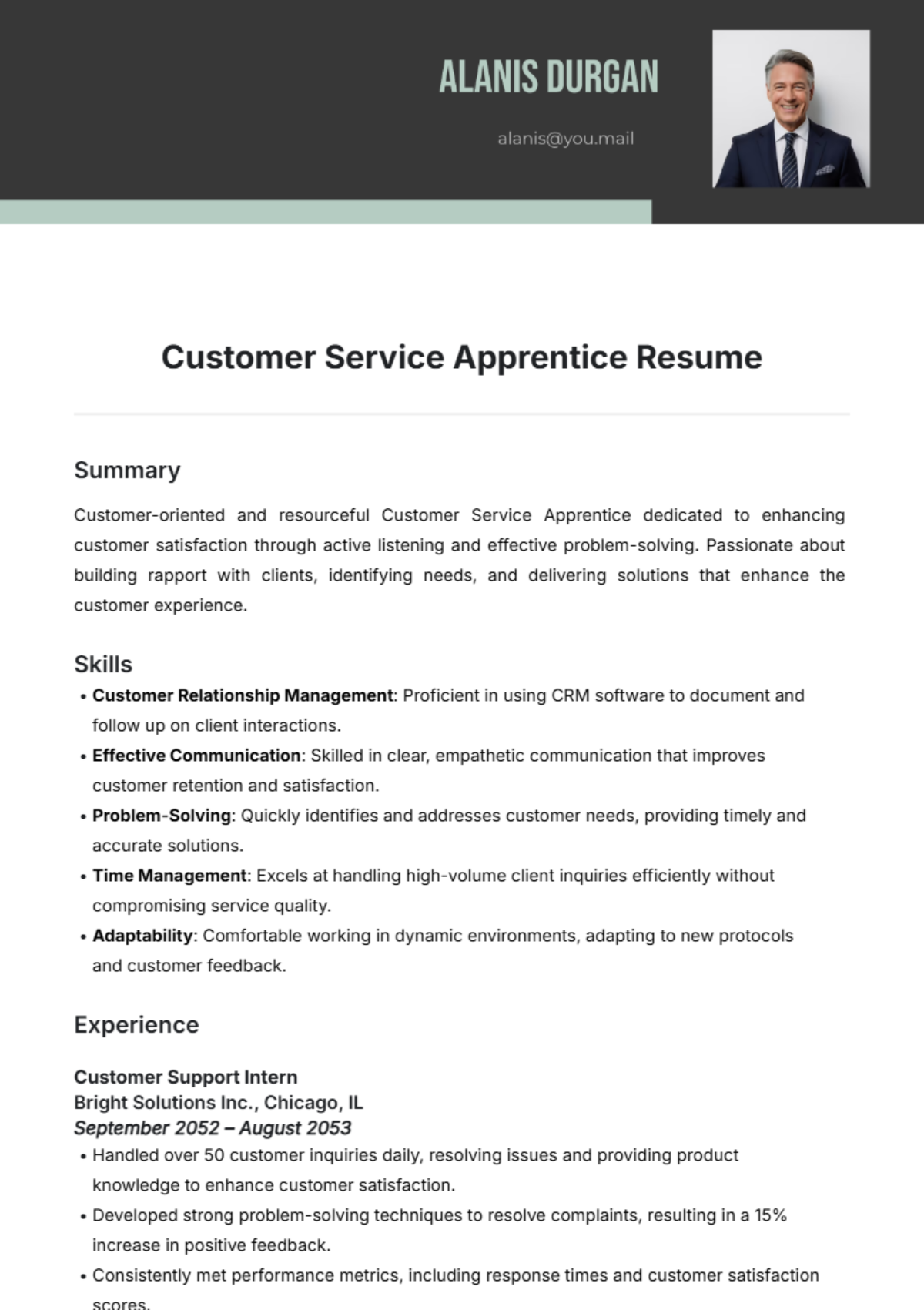 Customer Service Apprentice Resume Template - Edit Online & Download