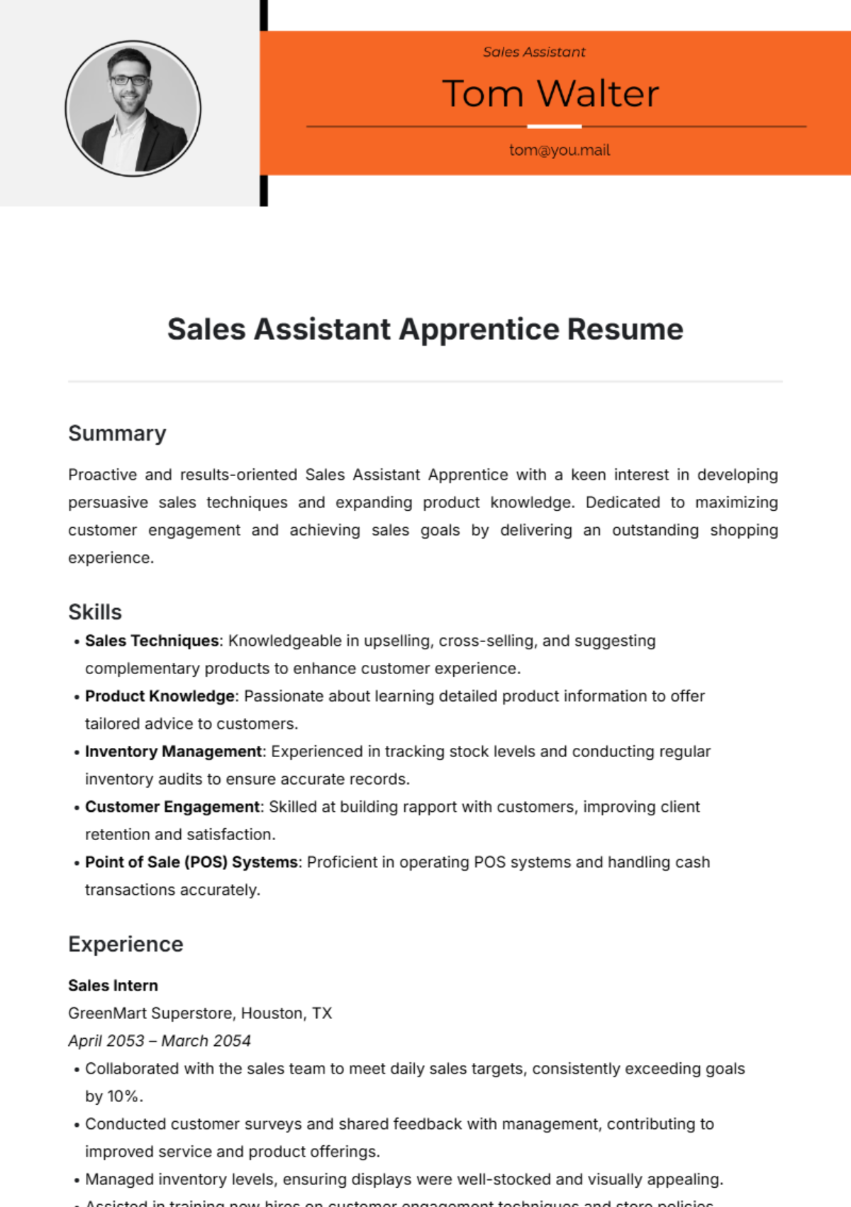 Sales Assistant Apprentice Resume Template - Edit Online & Download