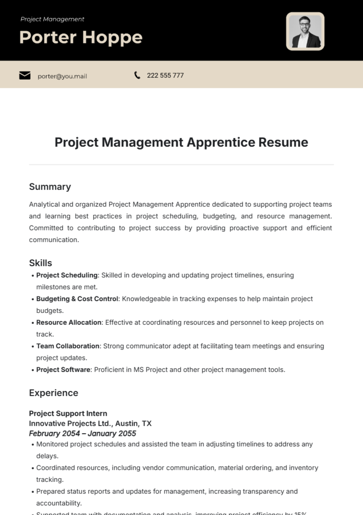 Project Management Apprentice Resume Template - Edit Online & Download