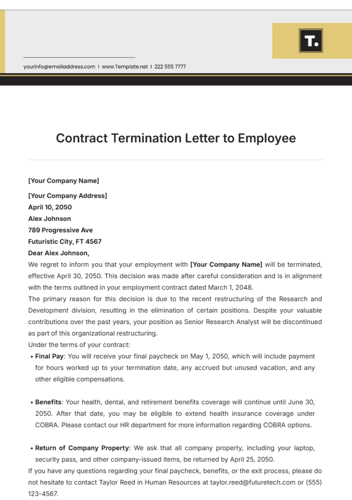 Contract Termination Letter to Employee Template - Edit Online & Download