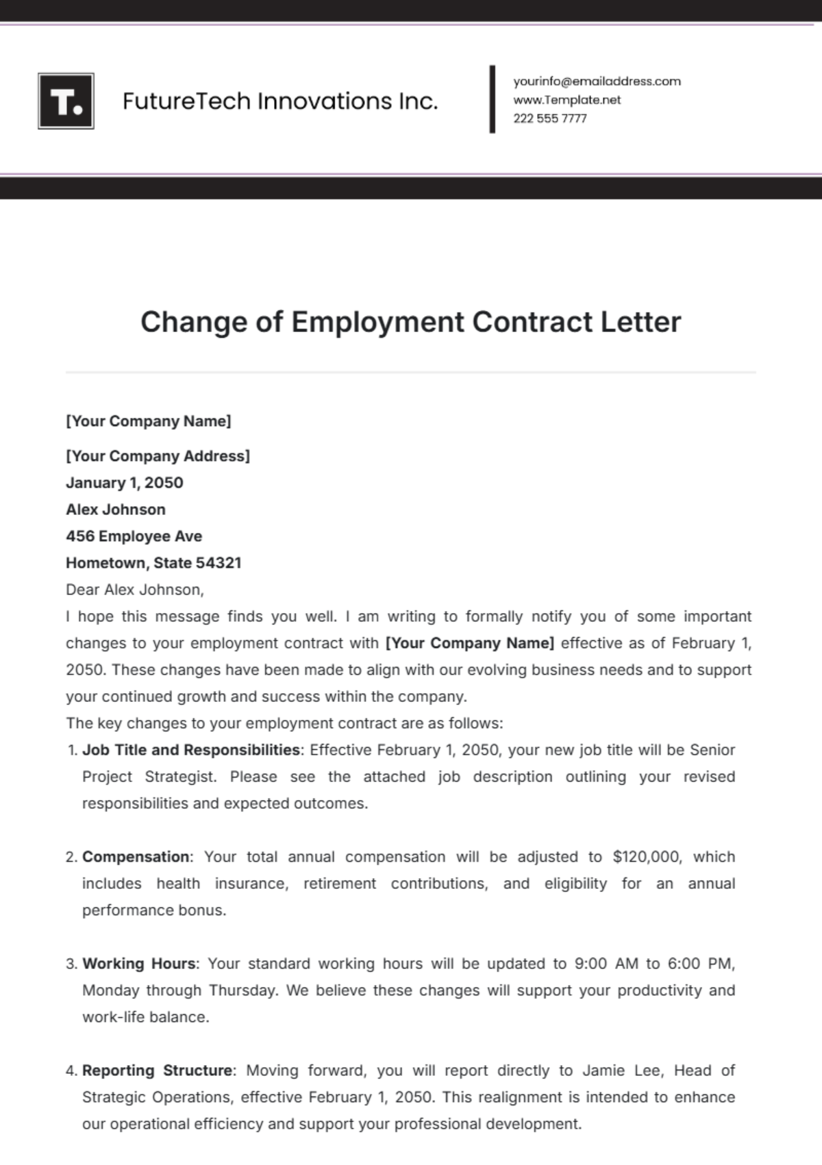 Change of Employment Contract Letter Template - Edit Online & Download