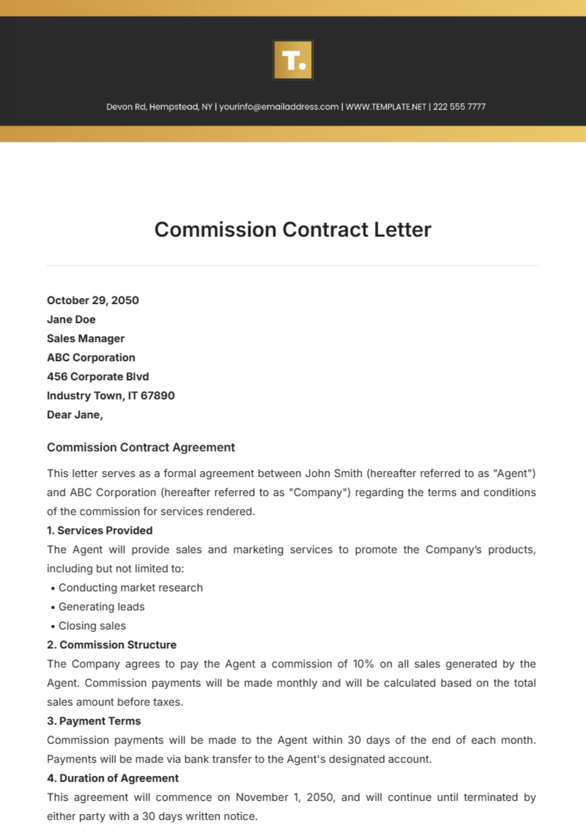 Commission Contract Letter Template - Edit Online & Download