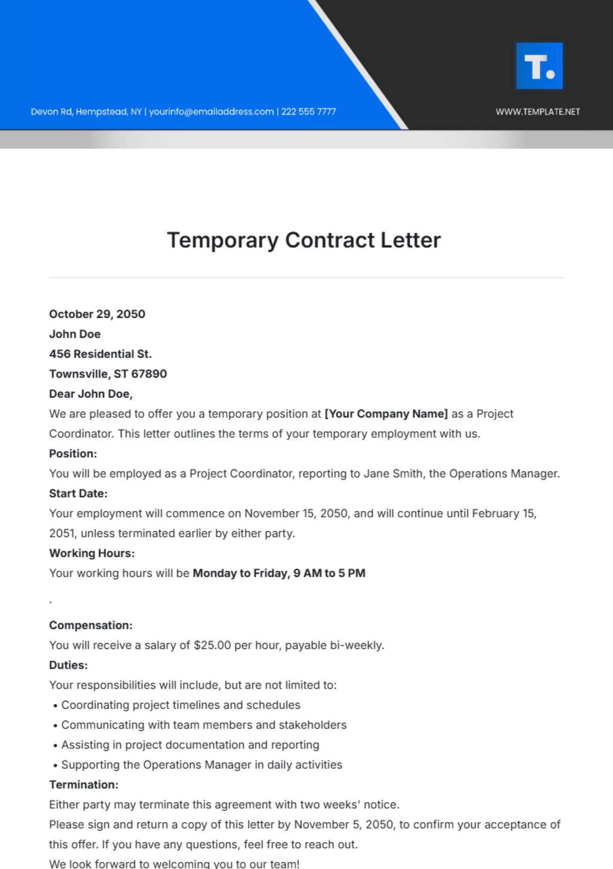 Temporary Contract Letter Template - Edit Online & Download