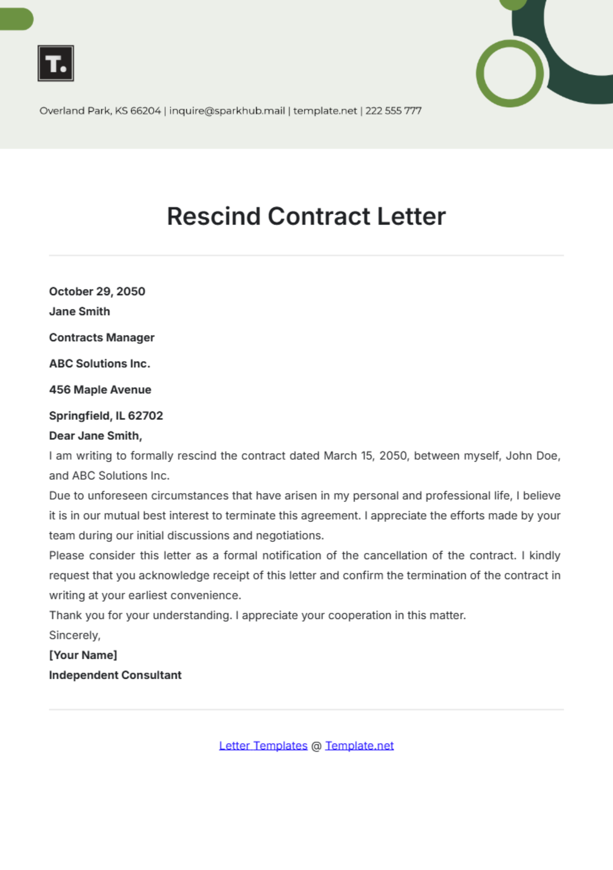 Rescind Contract Letter Template - Edit Online & Download