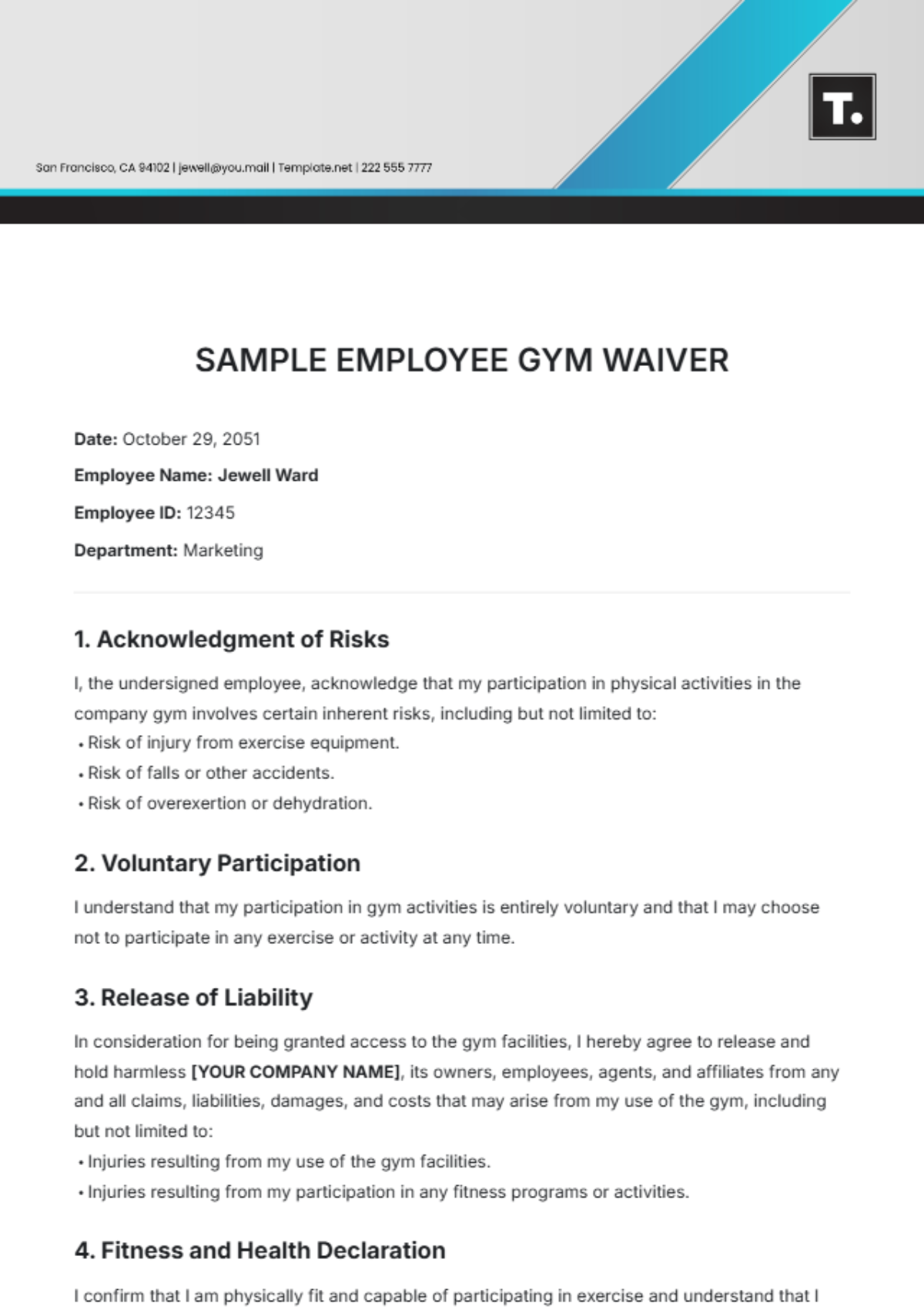 Sample Employee Gym Waiver Template - Edit Online & Download