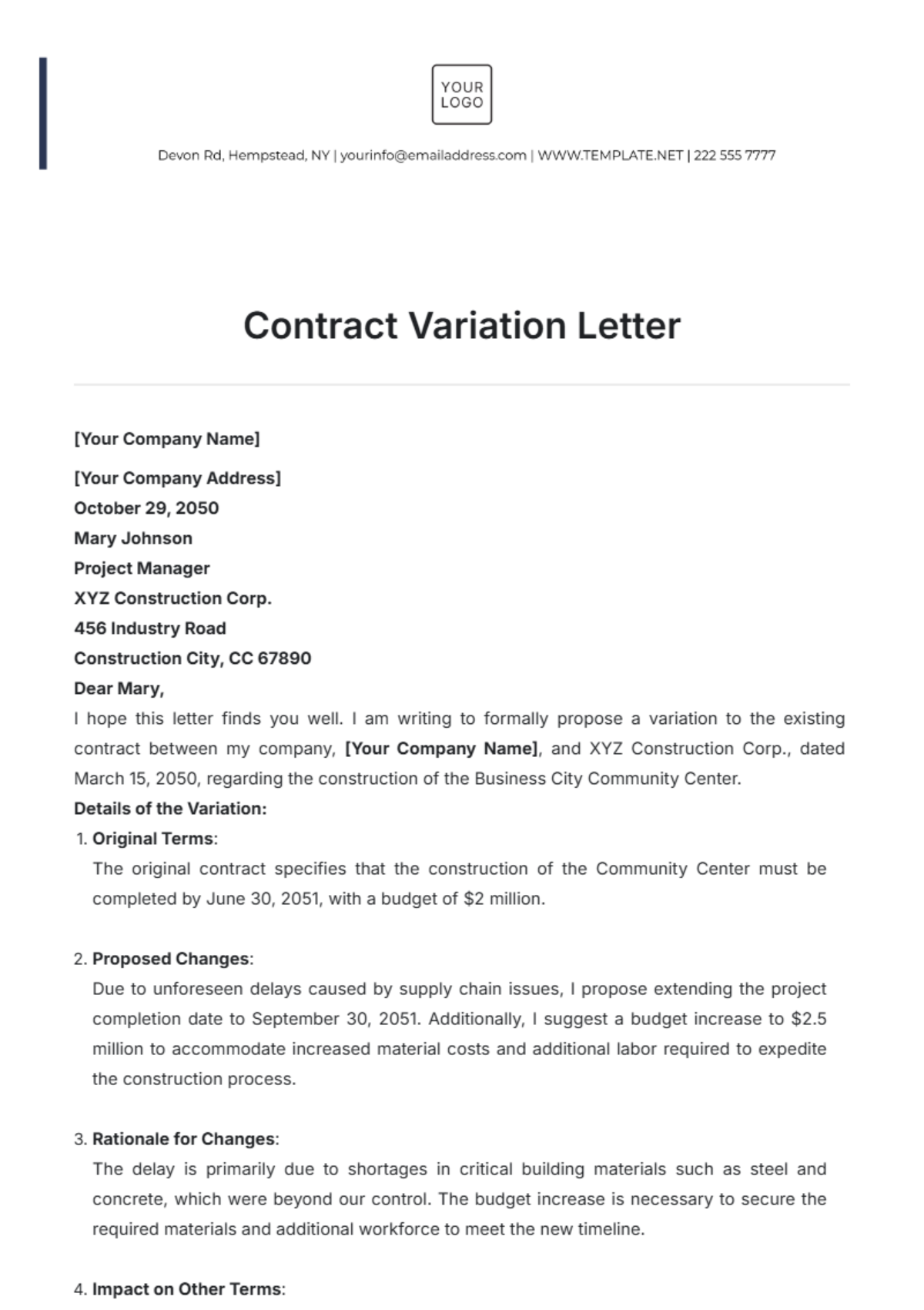 Contract Variation Letter Template - Edit Online & Download