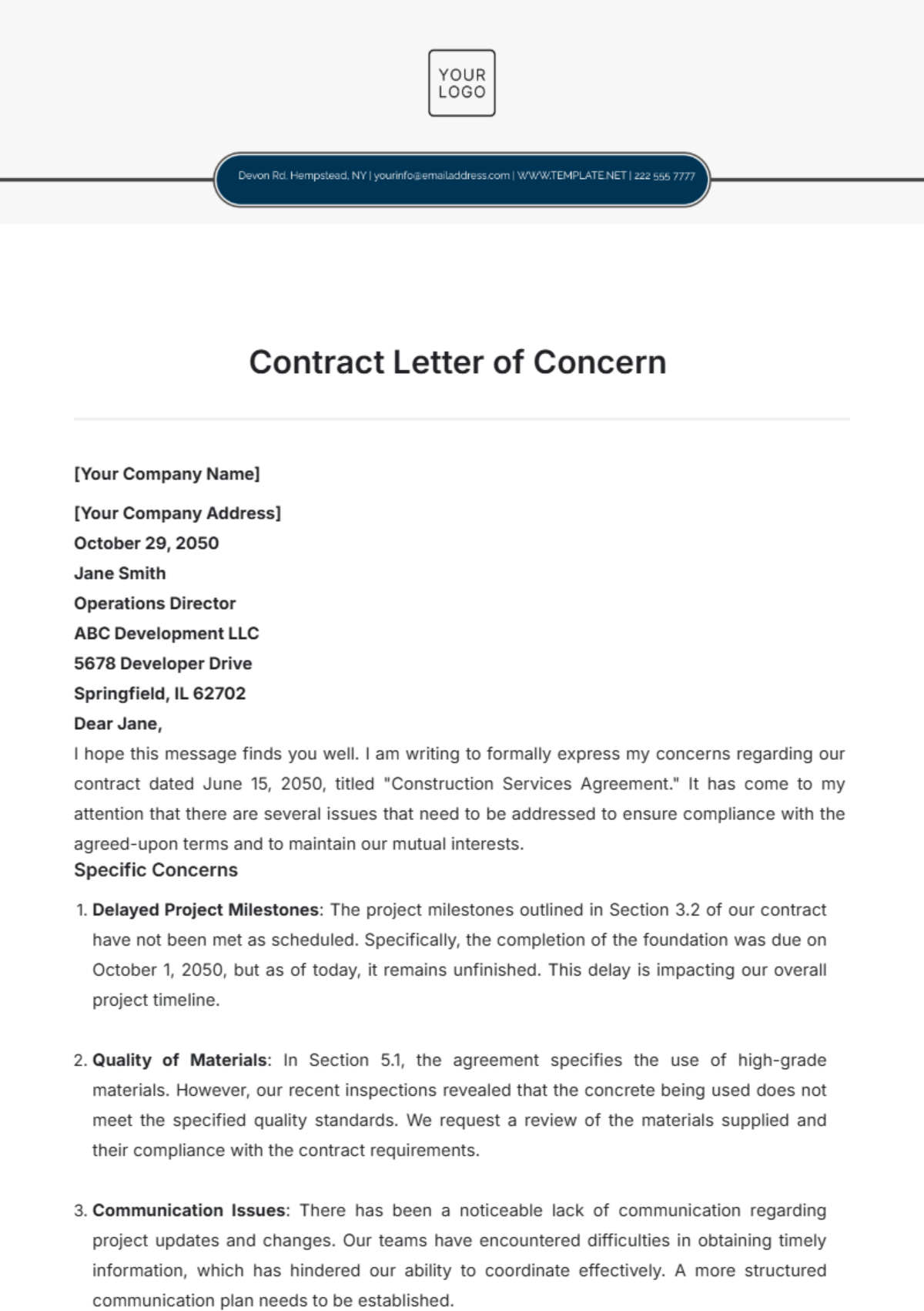 Contract Letter of Concern Template - Edit Online & Download