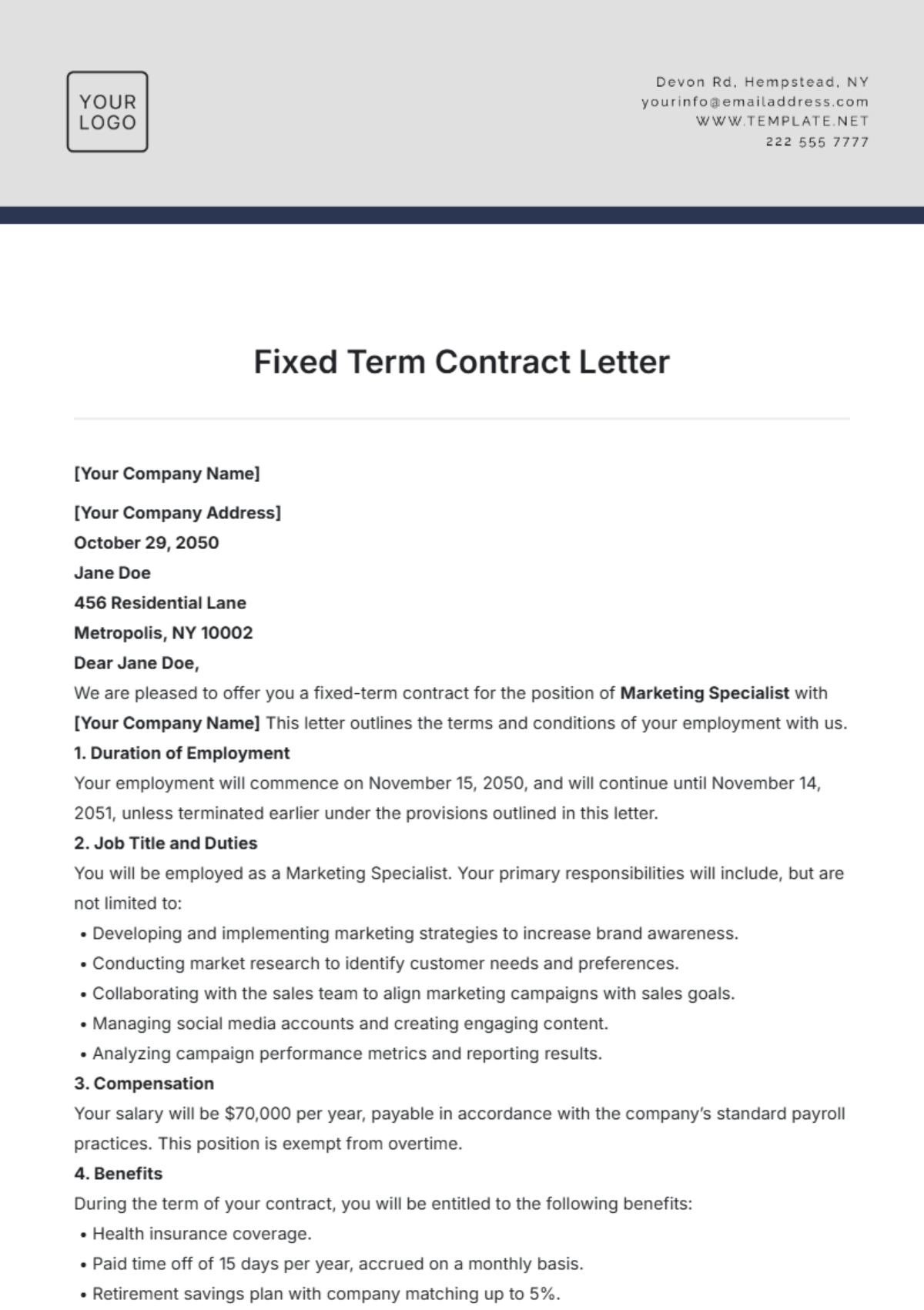 Fixed Term Contract Letter Template - Edit Online & Download