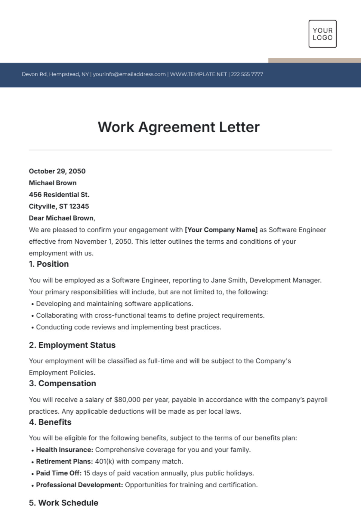 Work Agreement Letter Template - Edit Online & Download