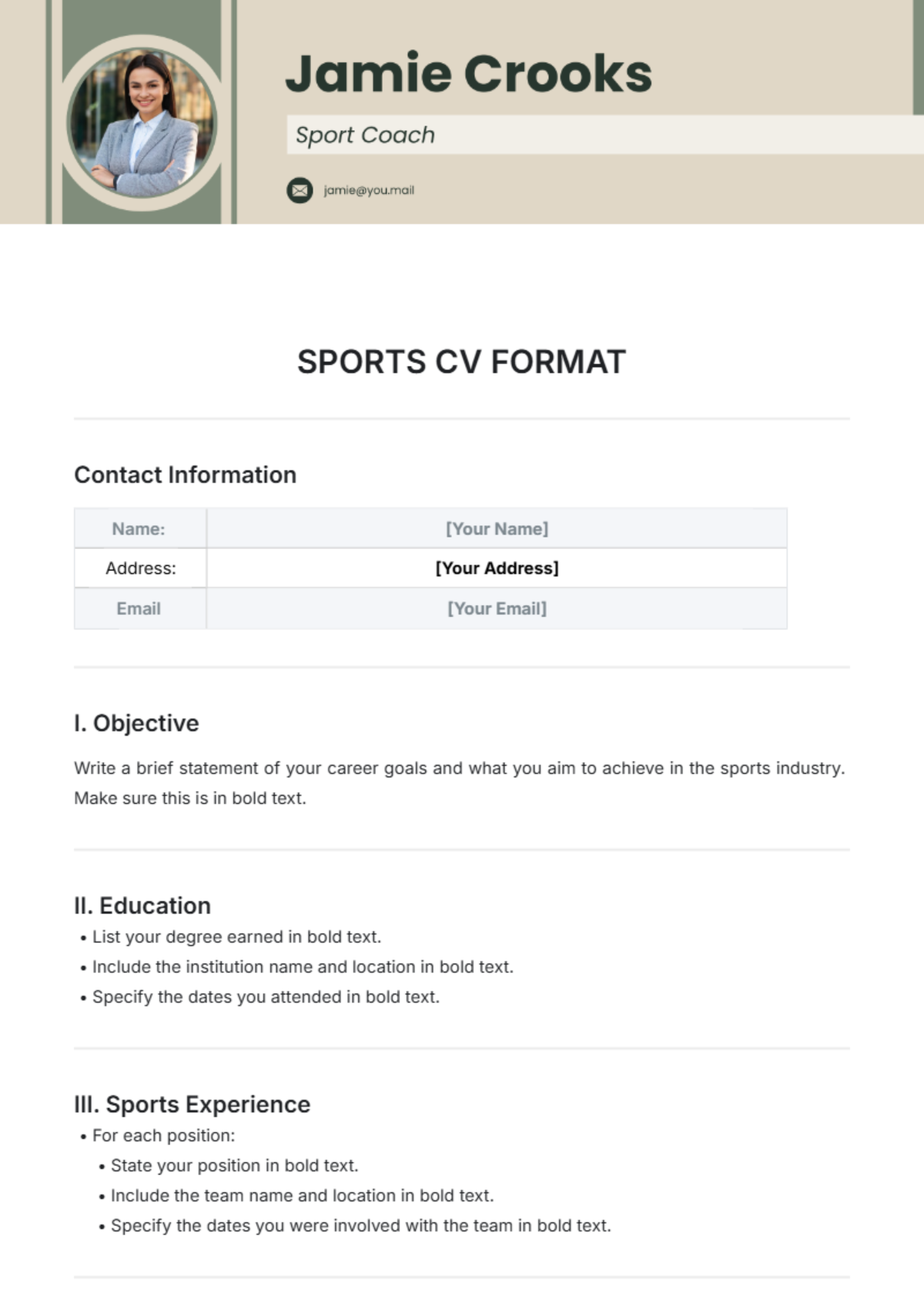 Free Sports CV Format Template to Edit Online