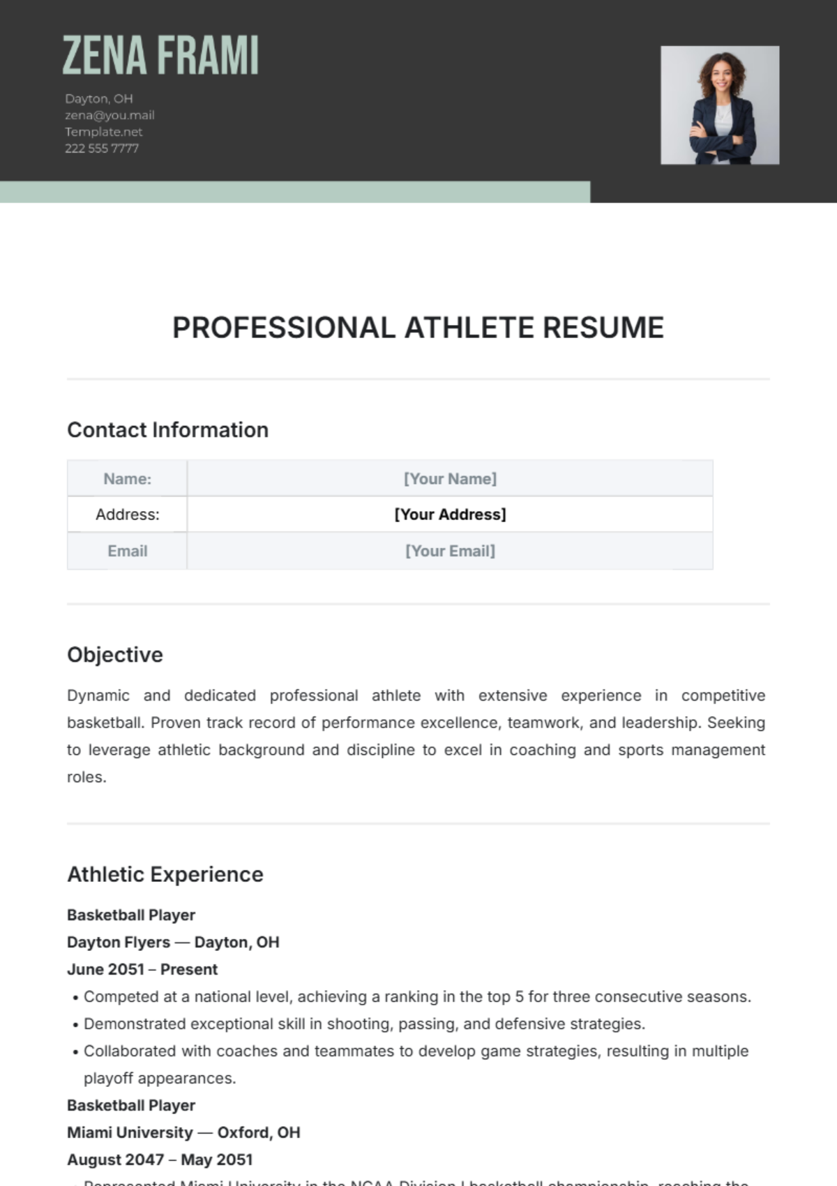 Professional Athlete Resume Template - Edit Online & Download