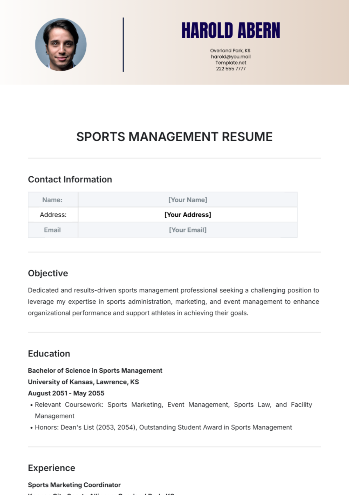 Sports Management Resume Template - Edit Online & Download