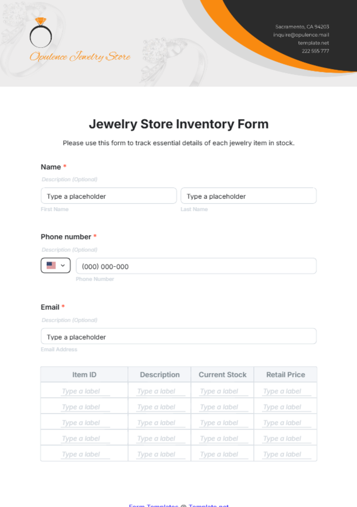 Jewelry Store Inventory Form Template