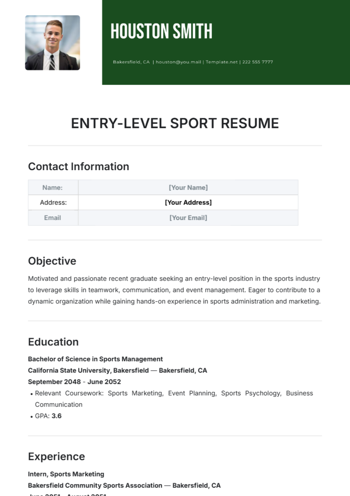 Entry-Level Sports Resume Template - Edit Online & Download