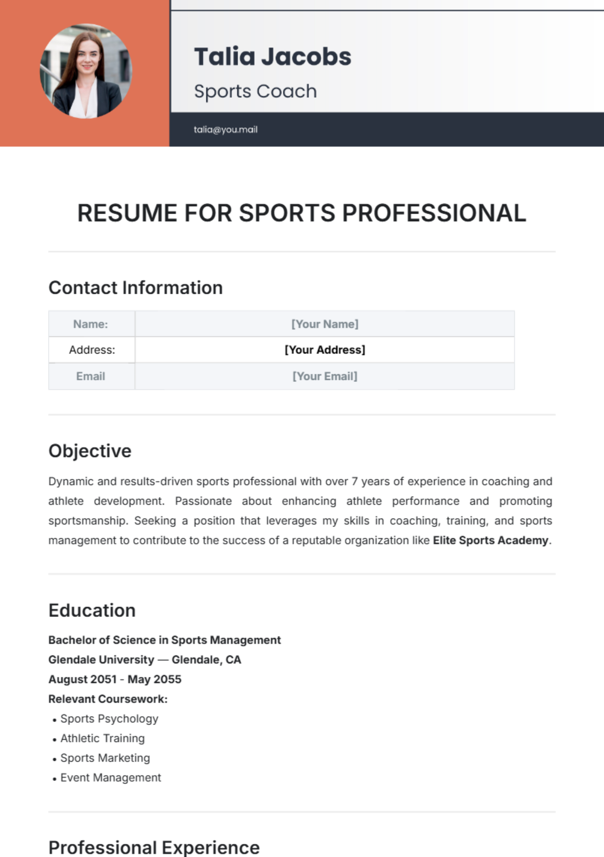 Resume Template for Sports Professional Template - Edit Online & Download