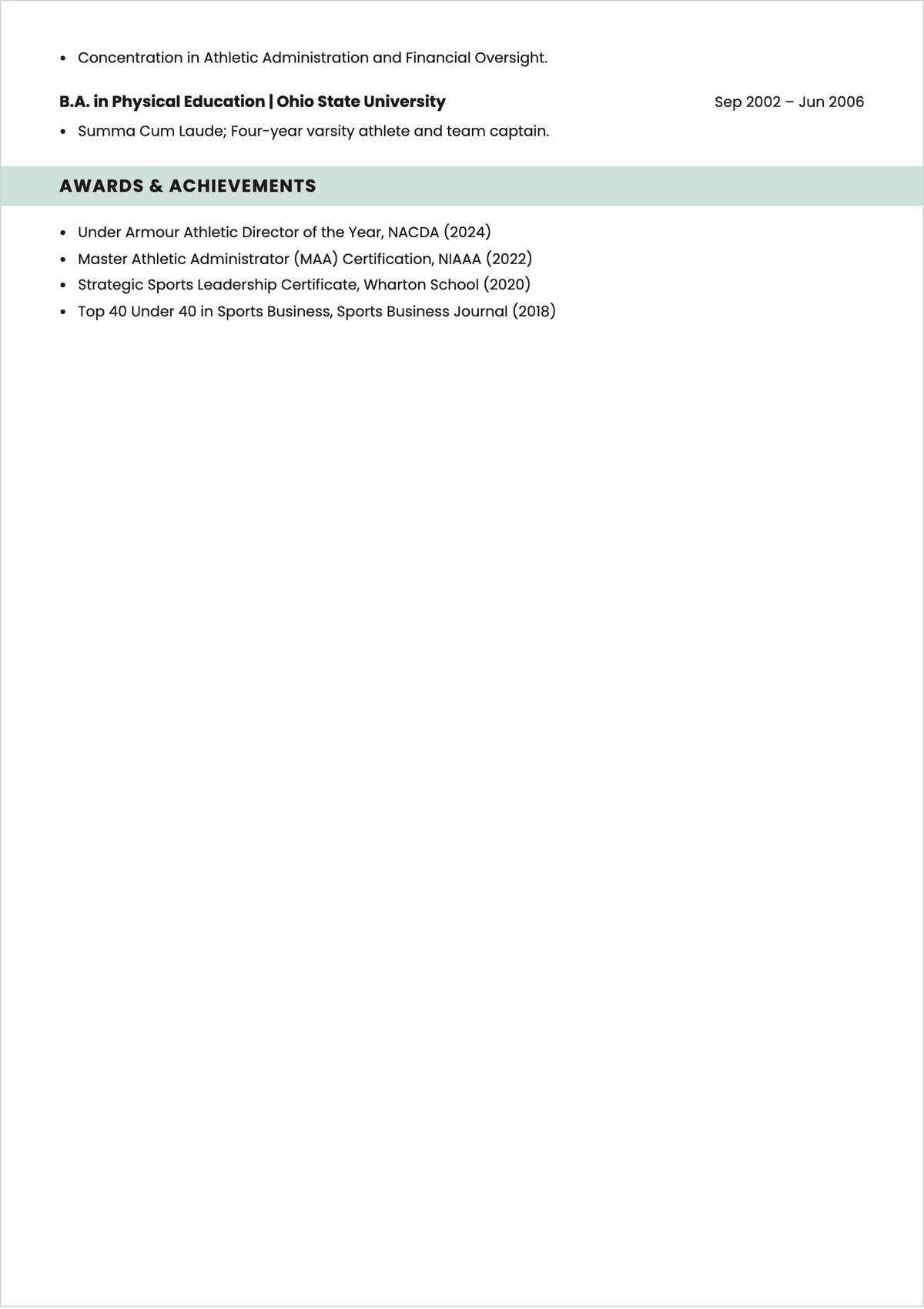 Free Sports Achievements ATS Resume Template, AI Resume Builder