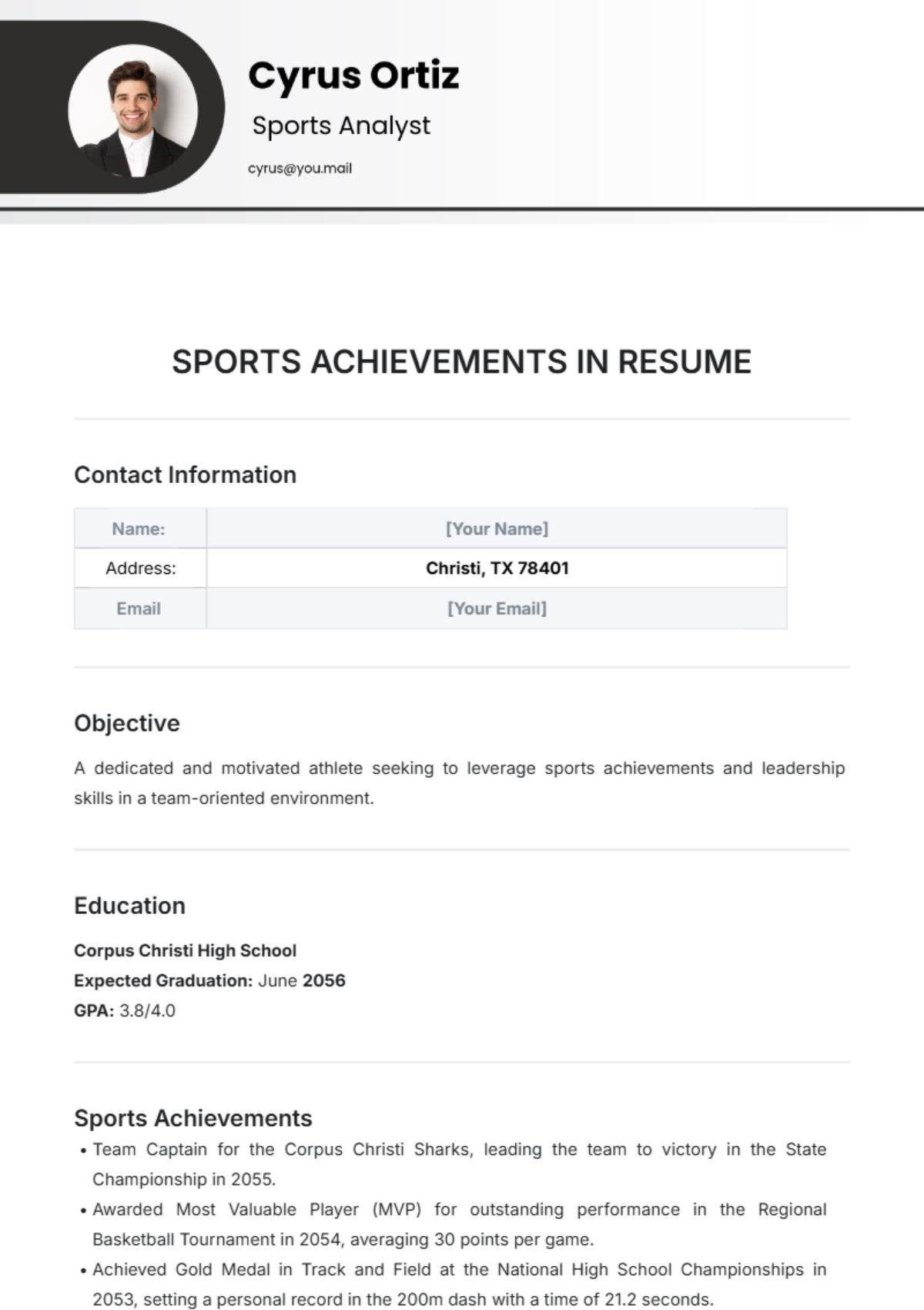 Sports Achievements in Resume Template - Edit Online & Download