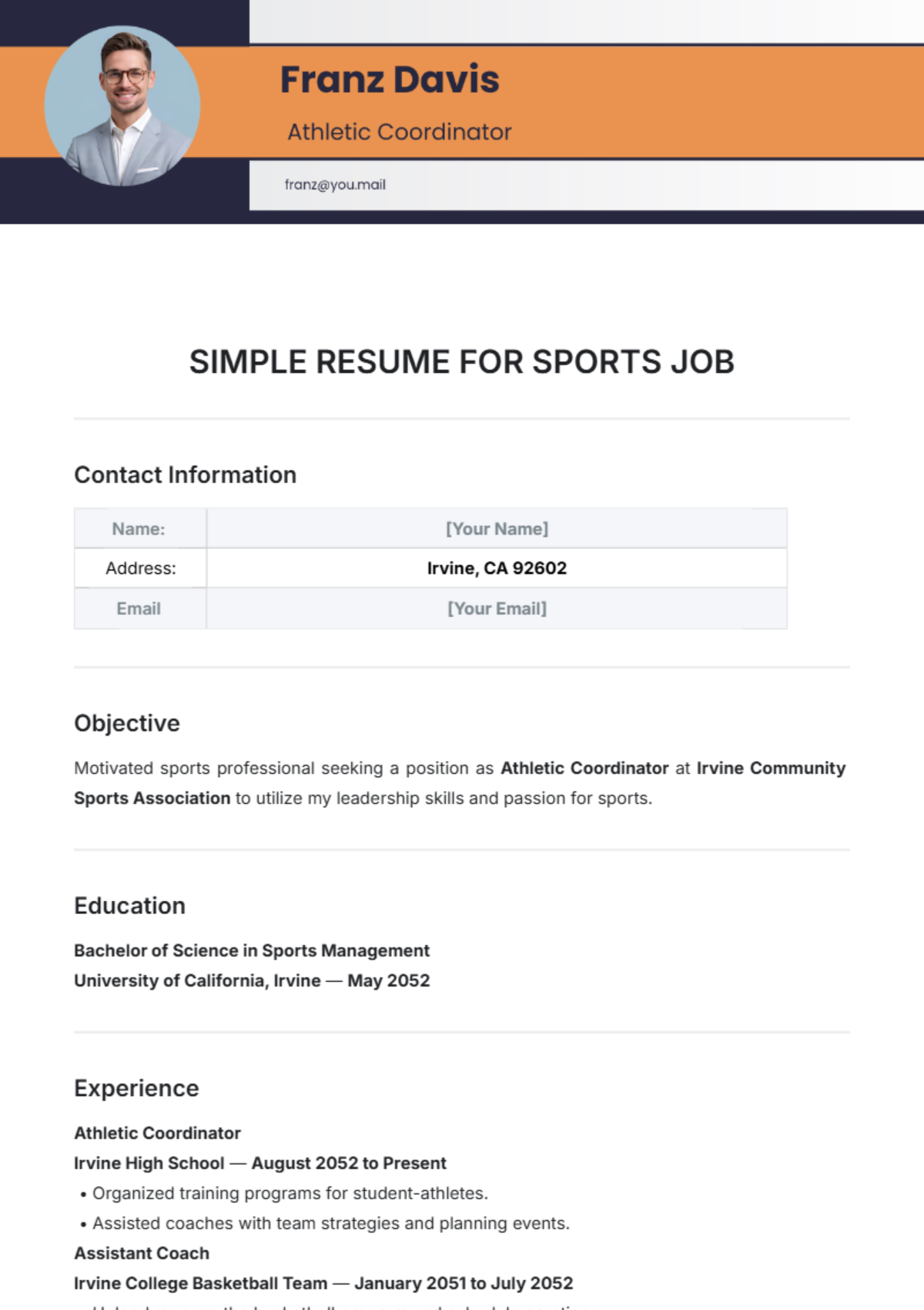 Simple Resume for Sports Job Template - Edit Online & Download