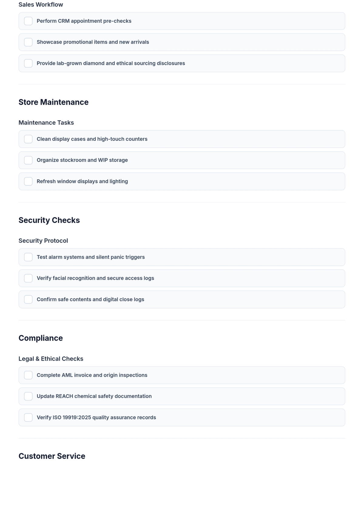 Free Jewelry Store Checklist Form Template & AI Maker Free Jewelry Store Checklist Form Template & AI Maker