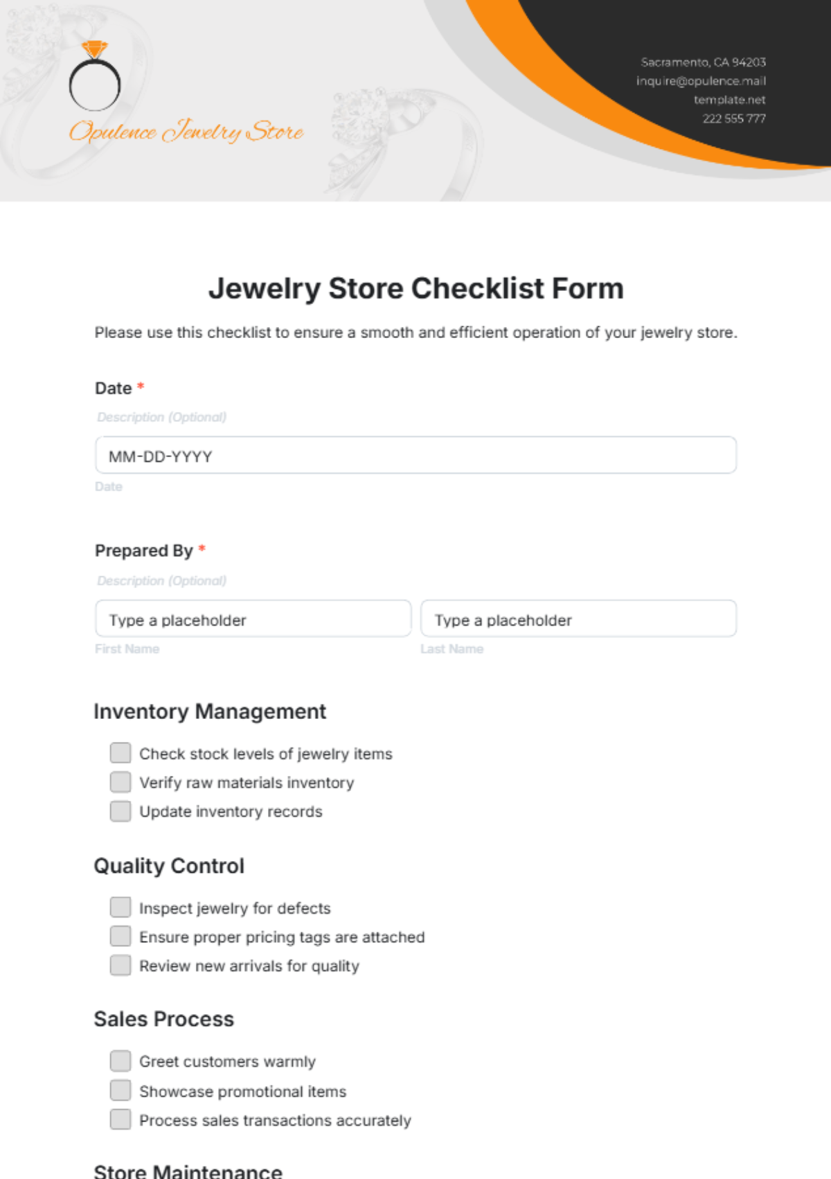 Jewelry Store Checklist Form Template