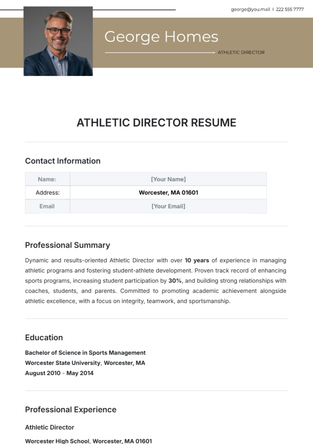 Athletic Director Resume Template - Edit Online & Download