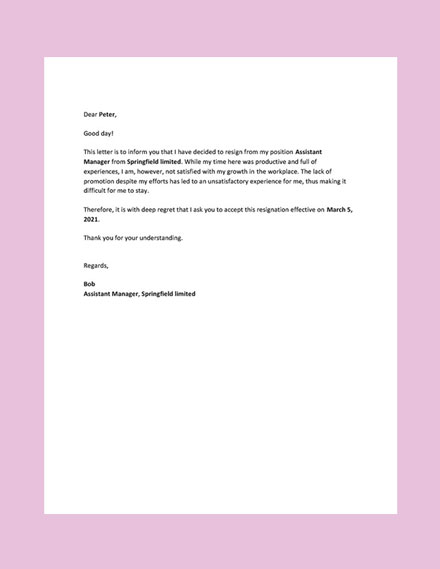 Resignation Due to Lack of Promotion Letter Template