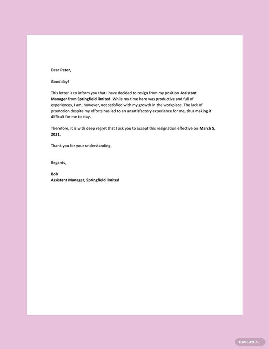 Resignation Due to Lack of Promotion Letter in Word, Google Docs, PDF