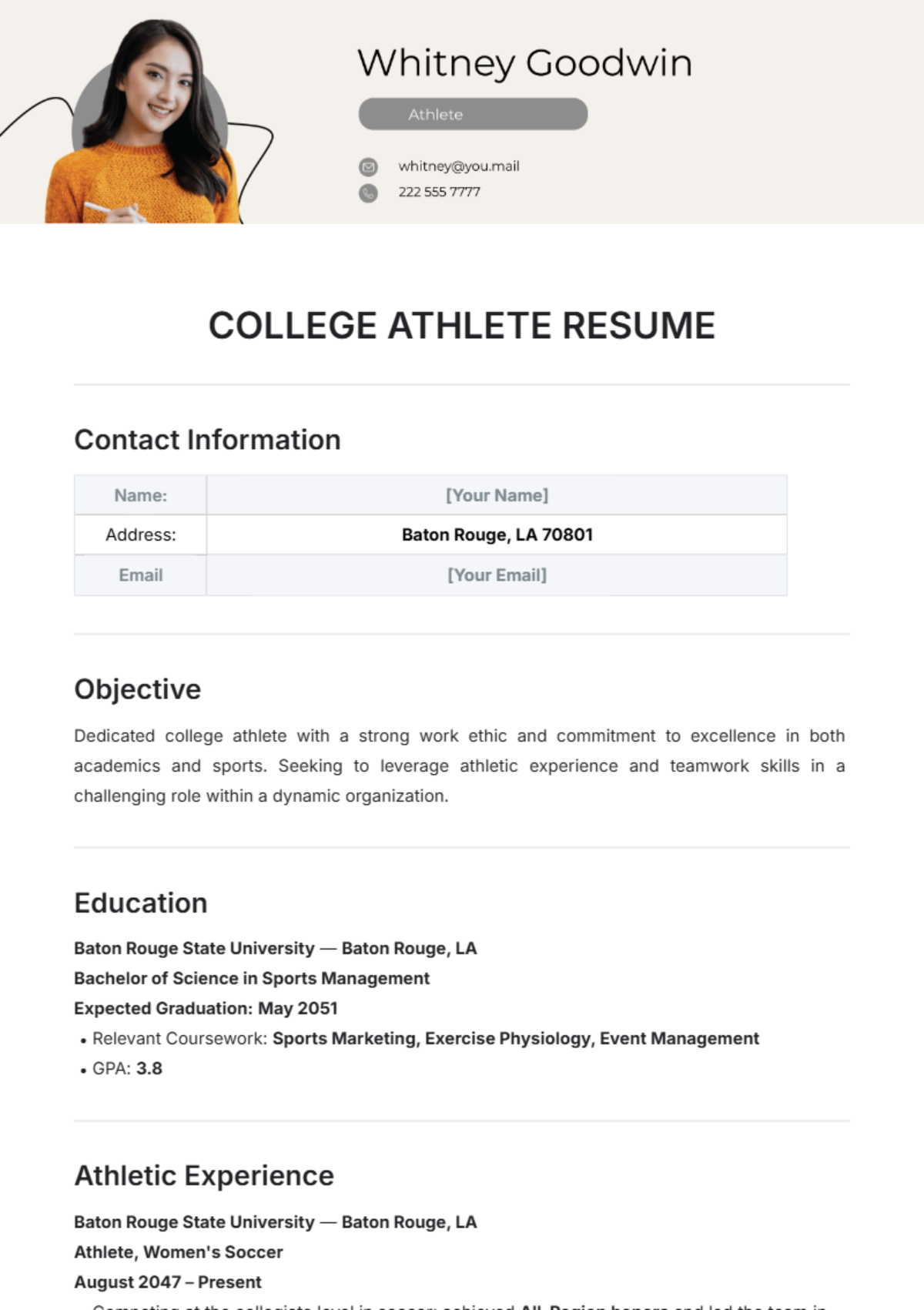 College Athlete Resume Template - Edit Online & Download