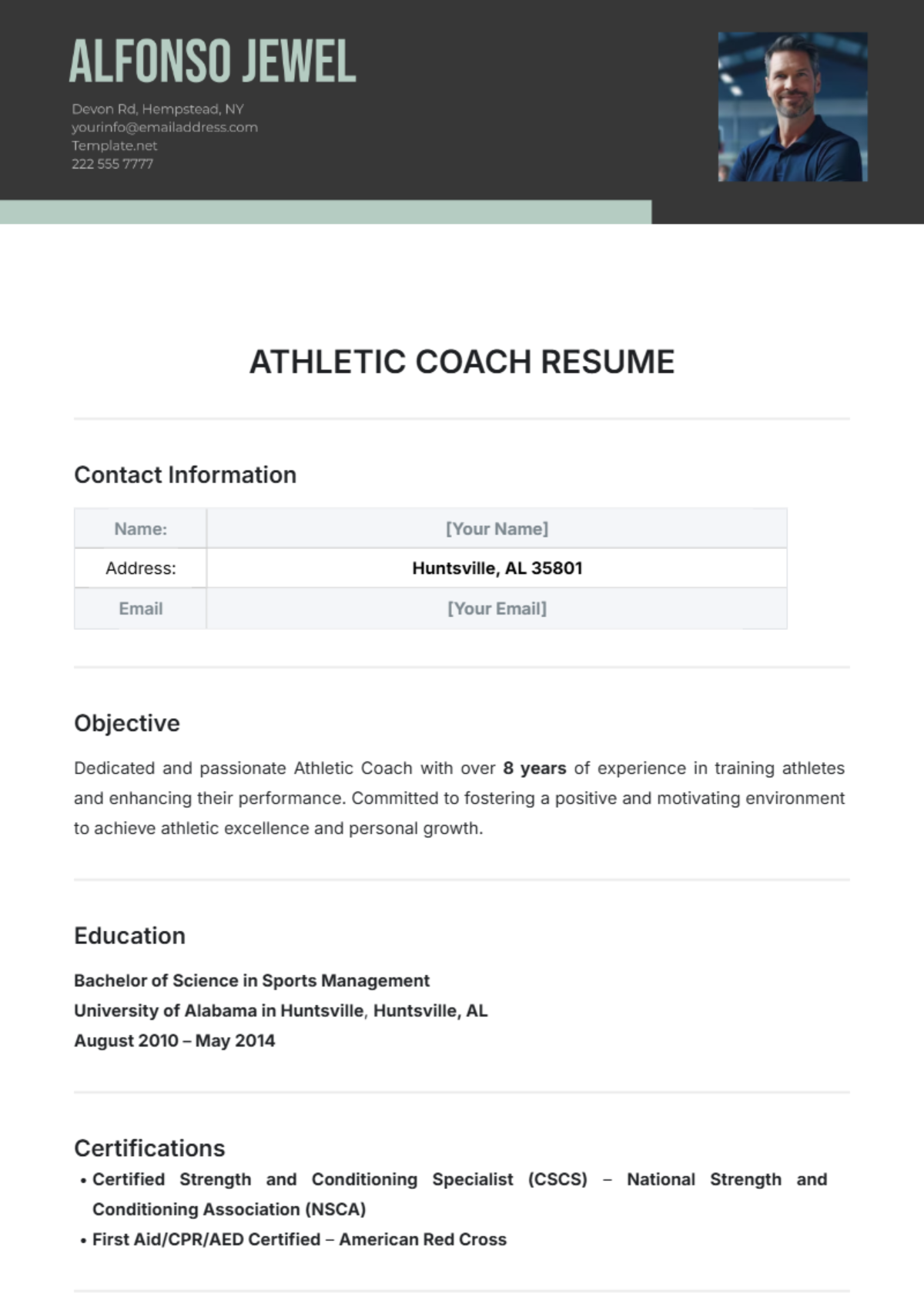 Athletic Coach Resume Template - Edit Online & Download