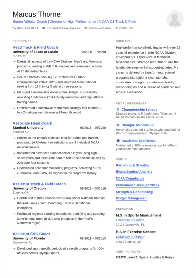 Free Athletic Coach ATS Resume Template, AI Resume Builder