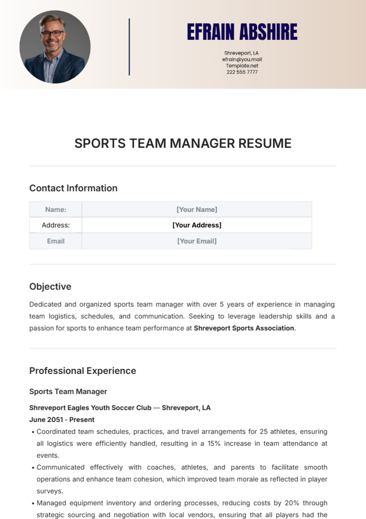 Sports Team Manager Resume Template - Edit Online & Download